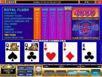 Aces and faces Video Poker: Bonus payoffs are available for 4-of-a-kind hands in this Video Poker game