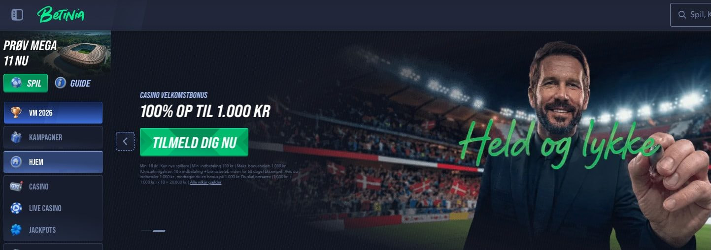 Betinia velkomstbonus: 100 % op til 1.000 kr.