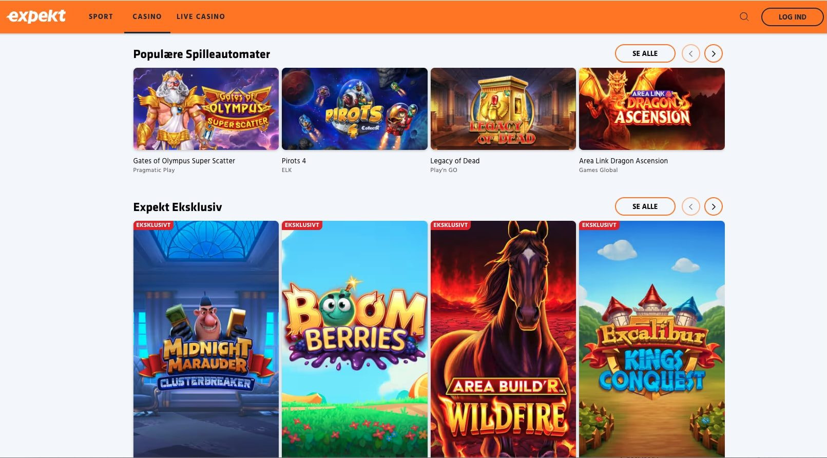 Casino-lobbyen hos Expekt med populære og eksklusive spilleautomater