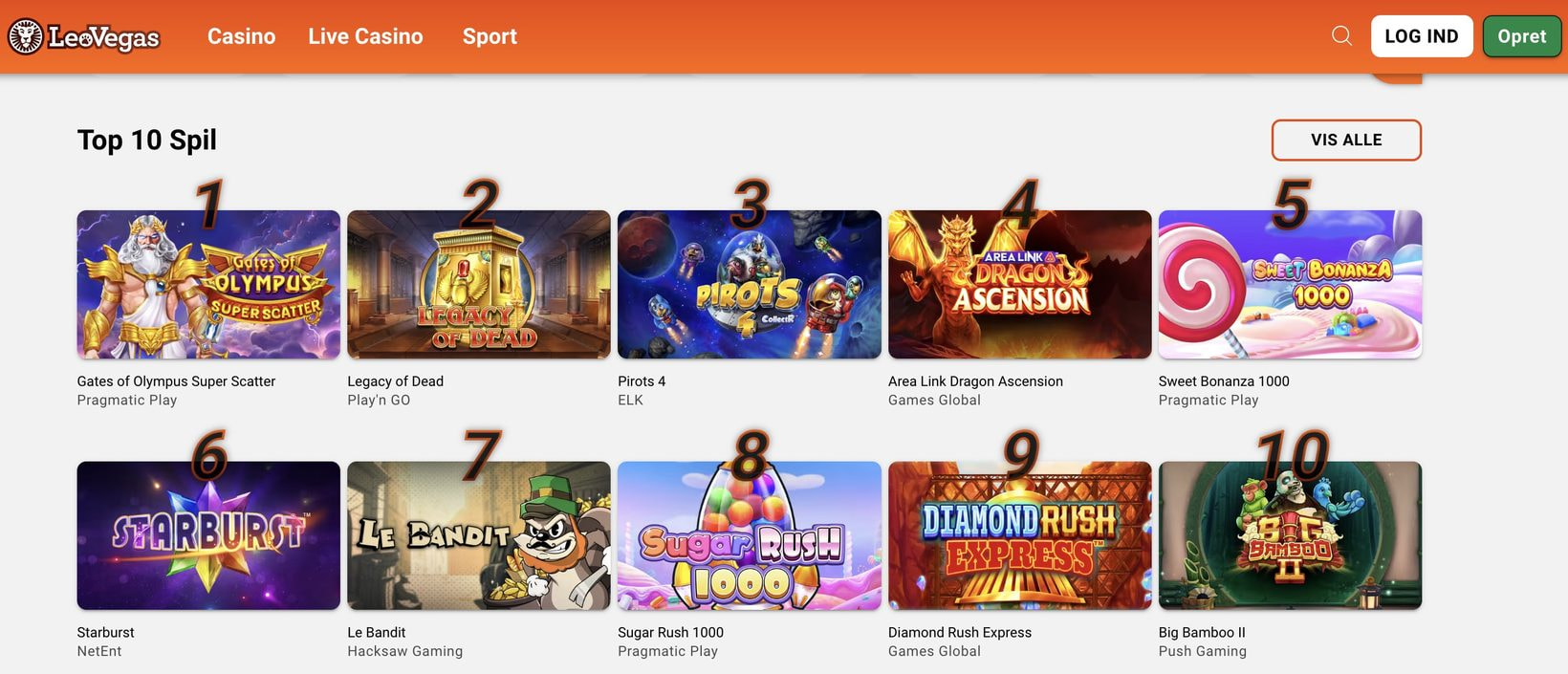 Top 10-spil hos LeoVegas med populære spilleautomater