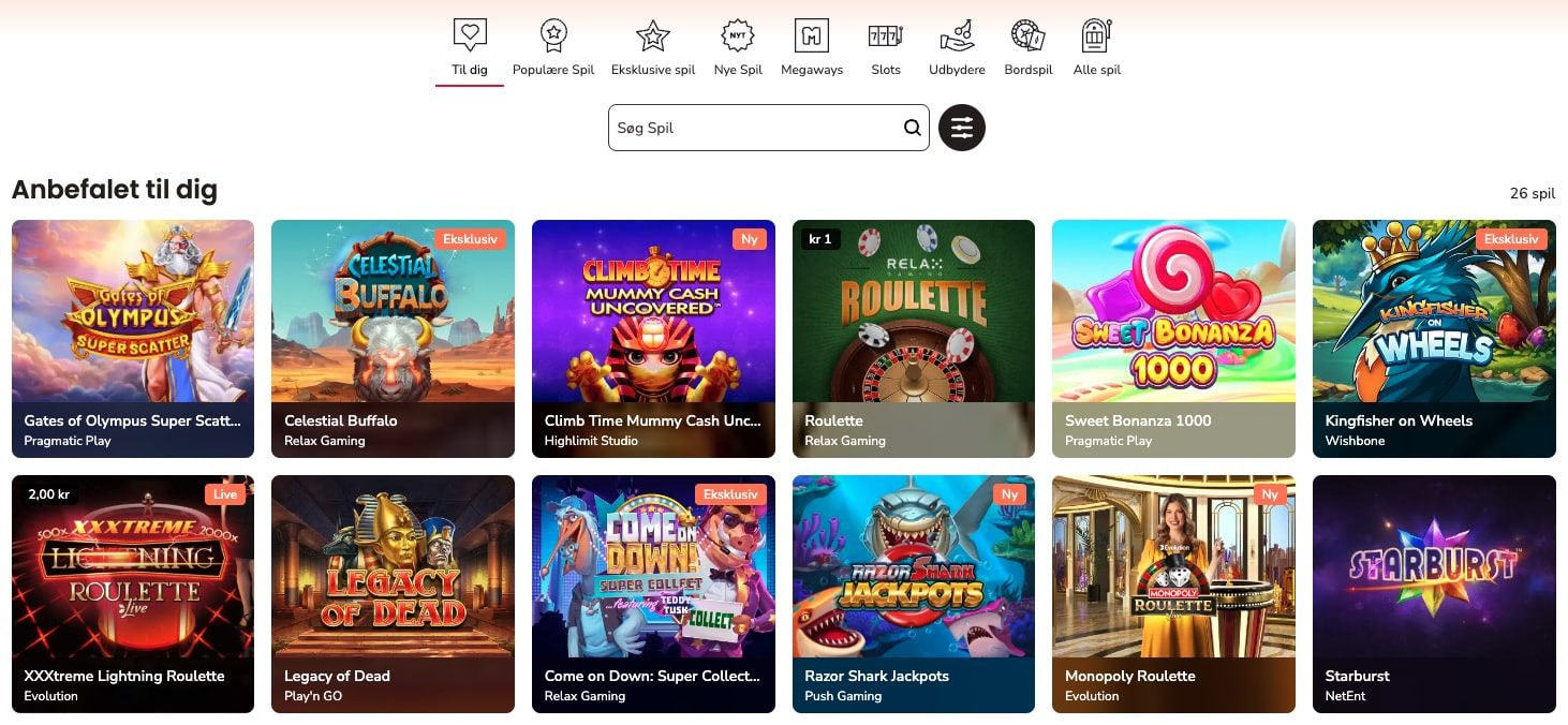 Casino-lobbyen hos Maria Casino med et bredt udvalg af spilleautomater