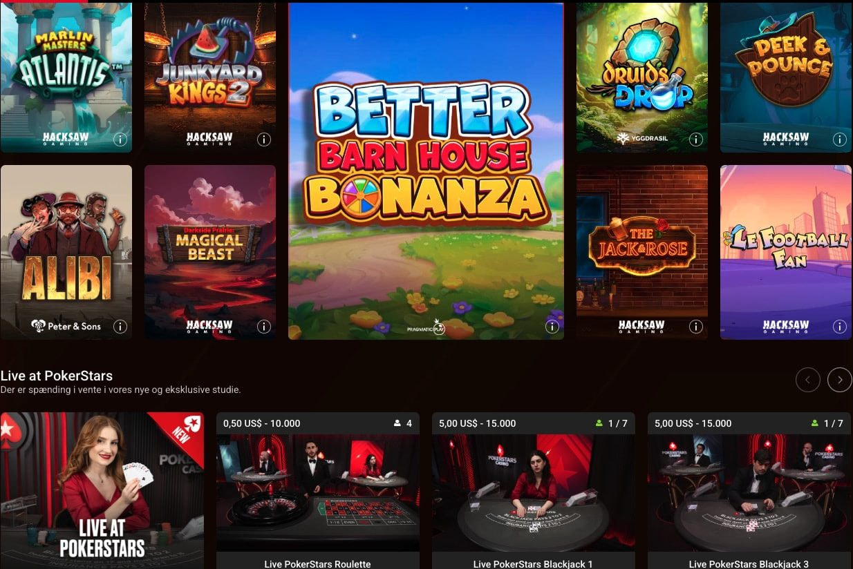 Casino-lobbyen hos PokerStars med spilleautomater og live casino-borde