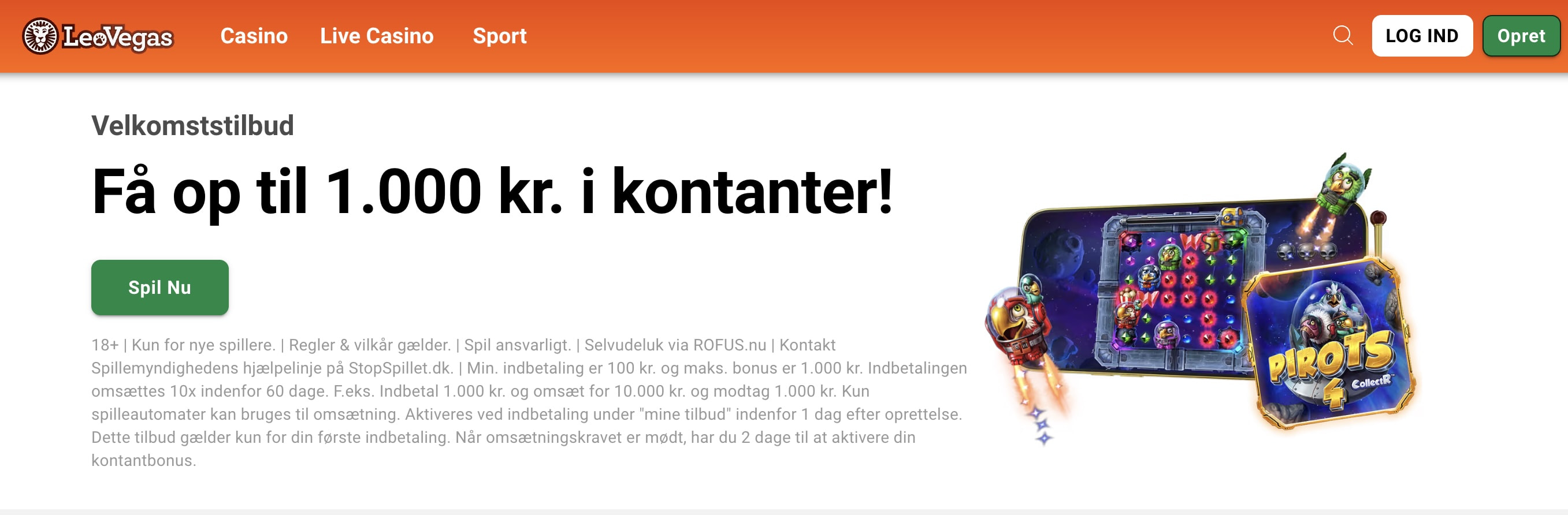 LeoVegas velkomstbonus: op til 1.000 kr. i kontanter