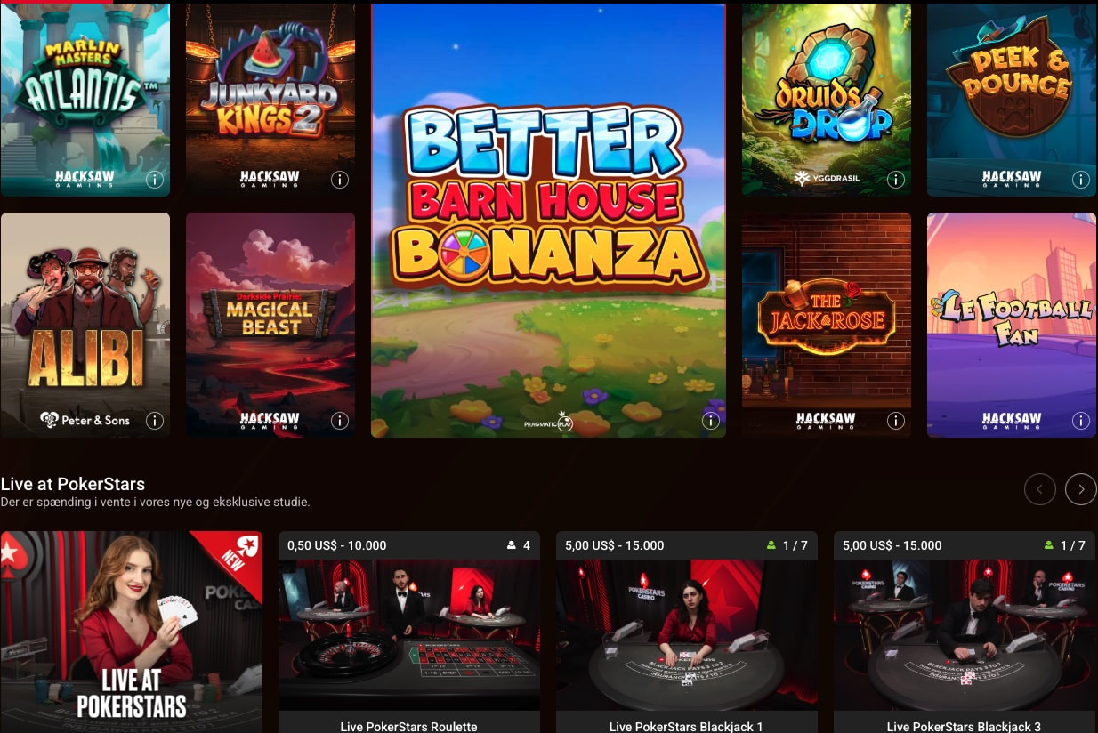 Casino-lobbyen hos PokerStars med spilleautomater og live casino-borde