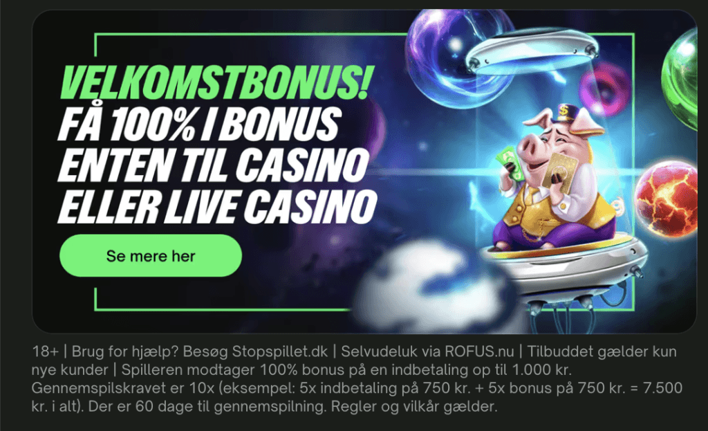 ComeOns velkomstbonus med 100 % i bonus til enten casino eller live casino og knappen Se mere her