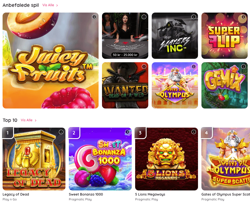 Rækken Anbefalede spil hos Get Lucky med Juicy Fruits, Slayers Inc, Super Flip og Gates of Olympus