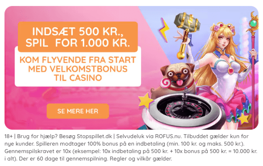Get Luckys velkomstbonus med teksten Indsæt 500 kr., spil for 1.000 kr. og knappen Se mere her
