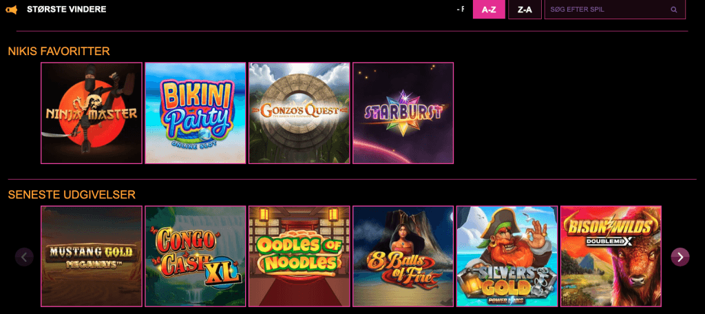 Spillelobbyen hos LuckyNiki med rækkerne Nikis favoritter og Seneste udgivelser og titler som Gonzo's Quest, Starburst og Mustang Gold Megaways