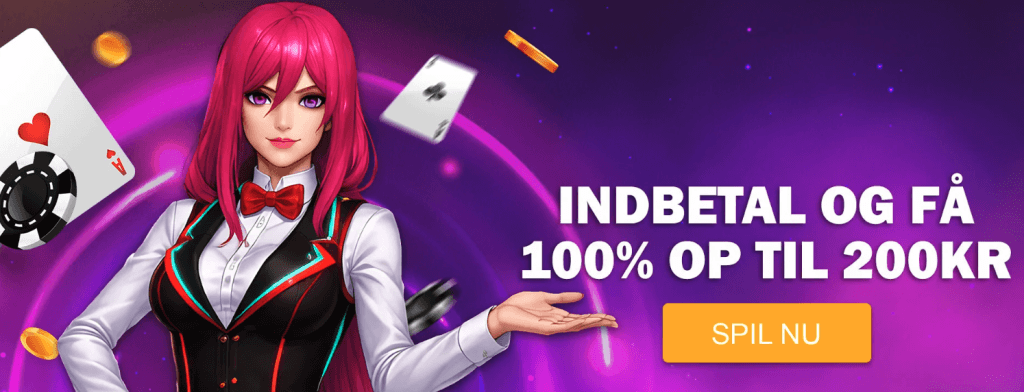 LuckyNikis velkomstbanner med teksten Indbetal og få 100 % op til 200 kr. og en Spil nu-knap