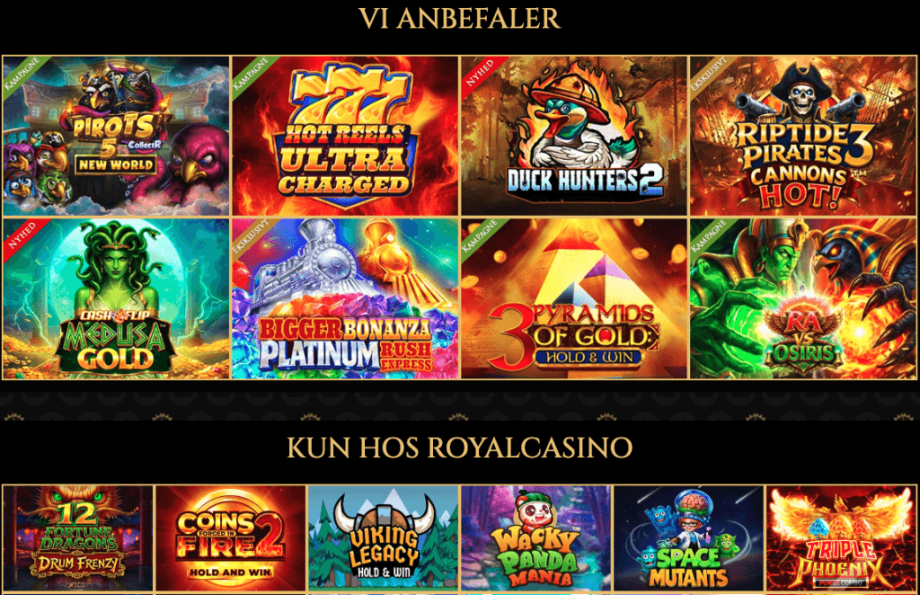 Casino-lobbyen hos Royal Casino med anbefalede spilleautomater som Pirots 5, Hot Reels Ultra Charged og Duck Hunters 2