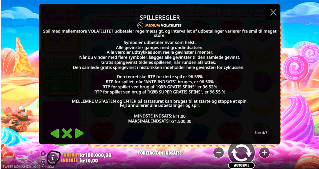 Spillereglerne i Sweet Bonanza 1000, hvor den teoretiske RTP på 96,53 % står i spillets infomenu