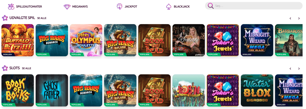 Spillelobbyen hos SlotsMagic med rækkerne Udvalgte spil og Slots og titler som Big Bass Bonanza, Gates of Olympus og Book of Dead