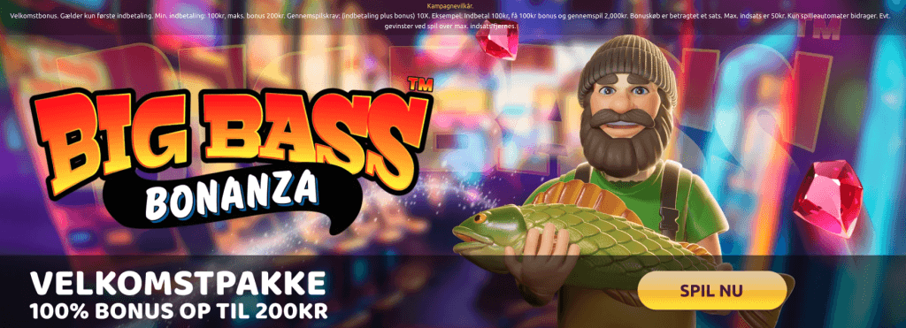 SlotsMagic velkomstpakke med 100 % bonus op til 200 kr. og Big Bass Bonanza i baggrunden