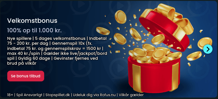SpilDanskNu velkomstbonus: 100 % op til 1.000 kr. fordelt over fem dage